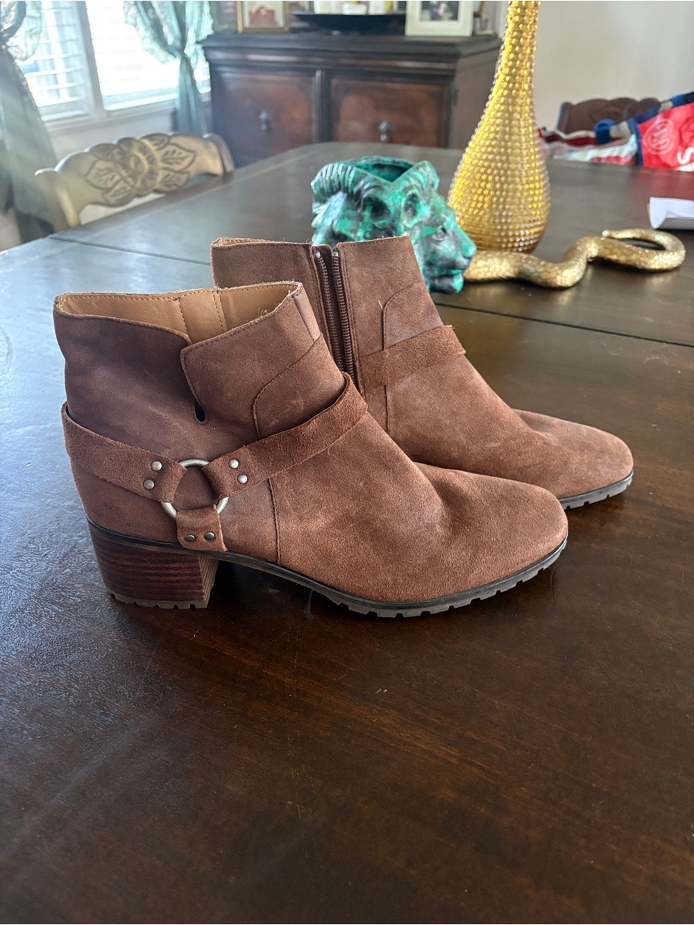 Lucky Brand Brown Suede Ankle Boots with Buckle Detail, size 10